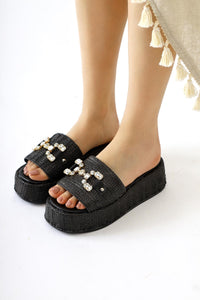 Dorine Black Stone-Embellished High-Heeled Woven Slide Sandal