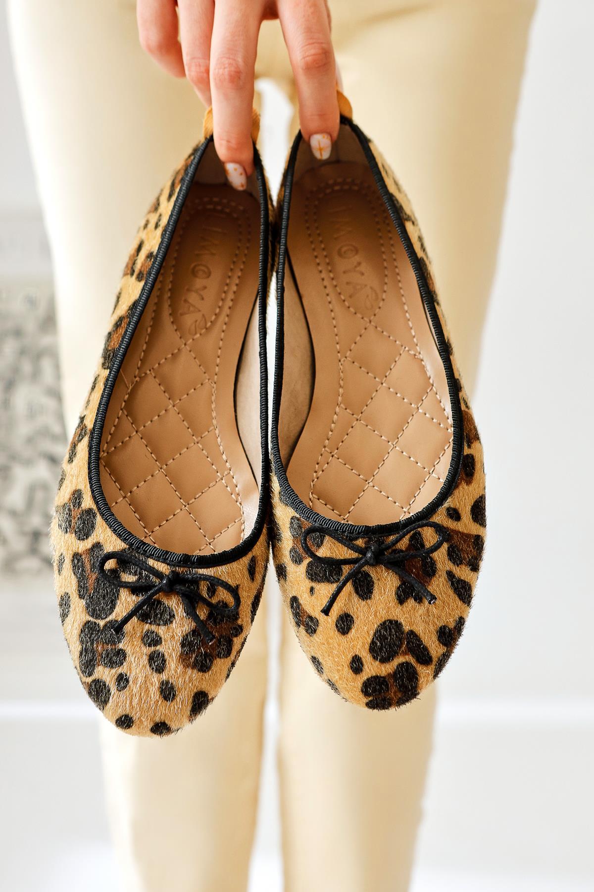 Sille Leopard Print Furry Bow Detail Ballet Flats