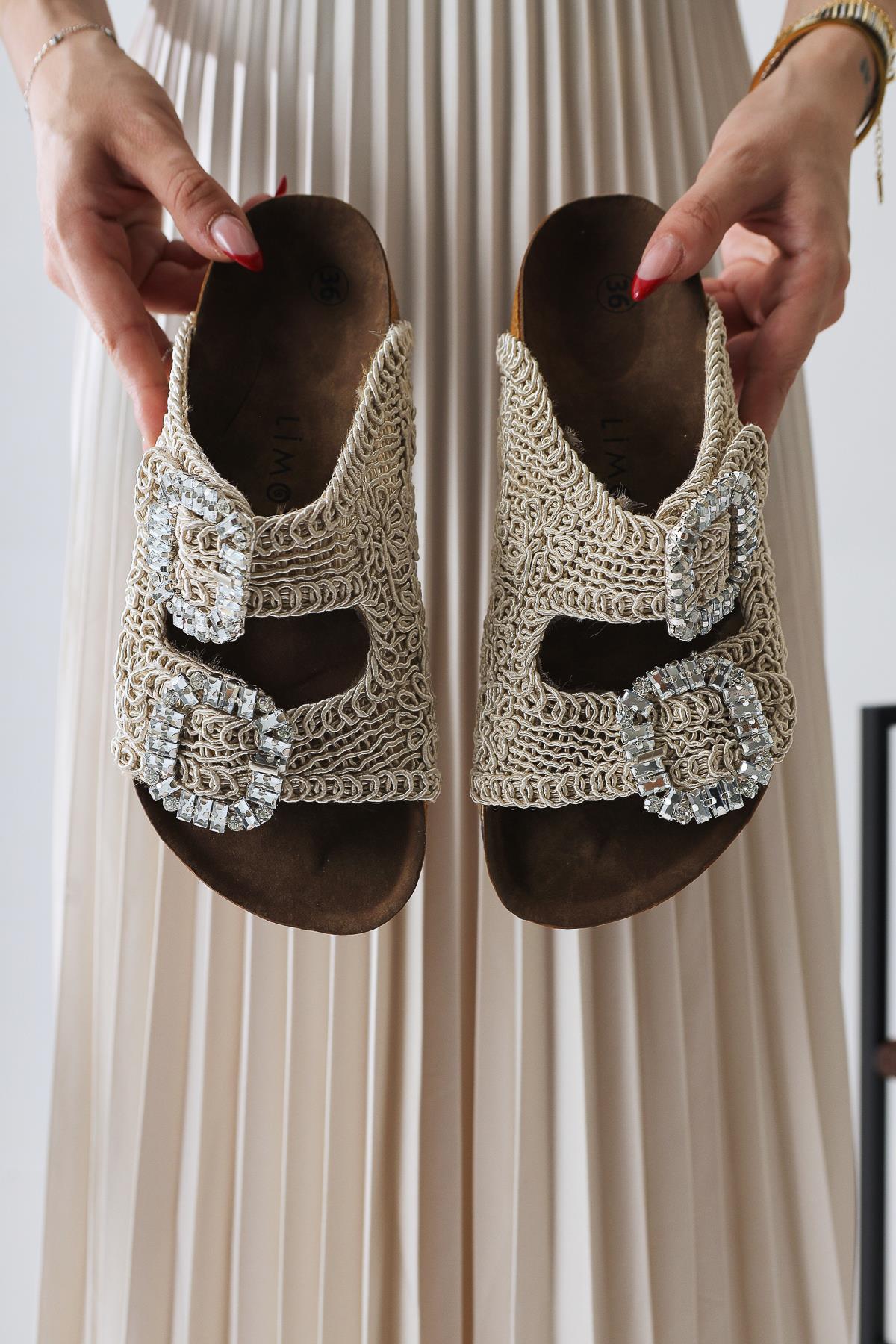 Ellina Cream Double-Strap Slide with Jewel Buckle Detail