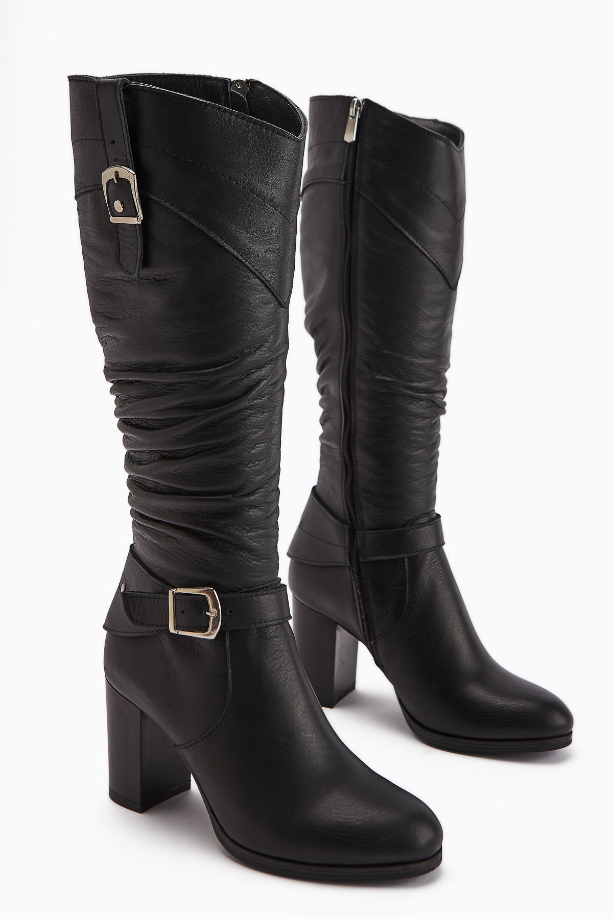 Ting Genuine Leather – Black Buckle-Detail Heeled Knee-High Boot (Women)