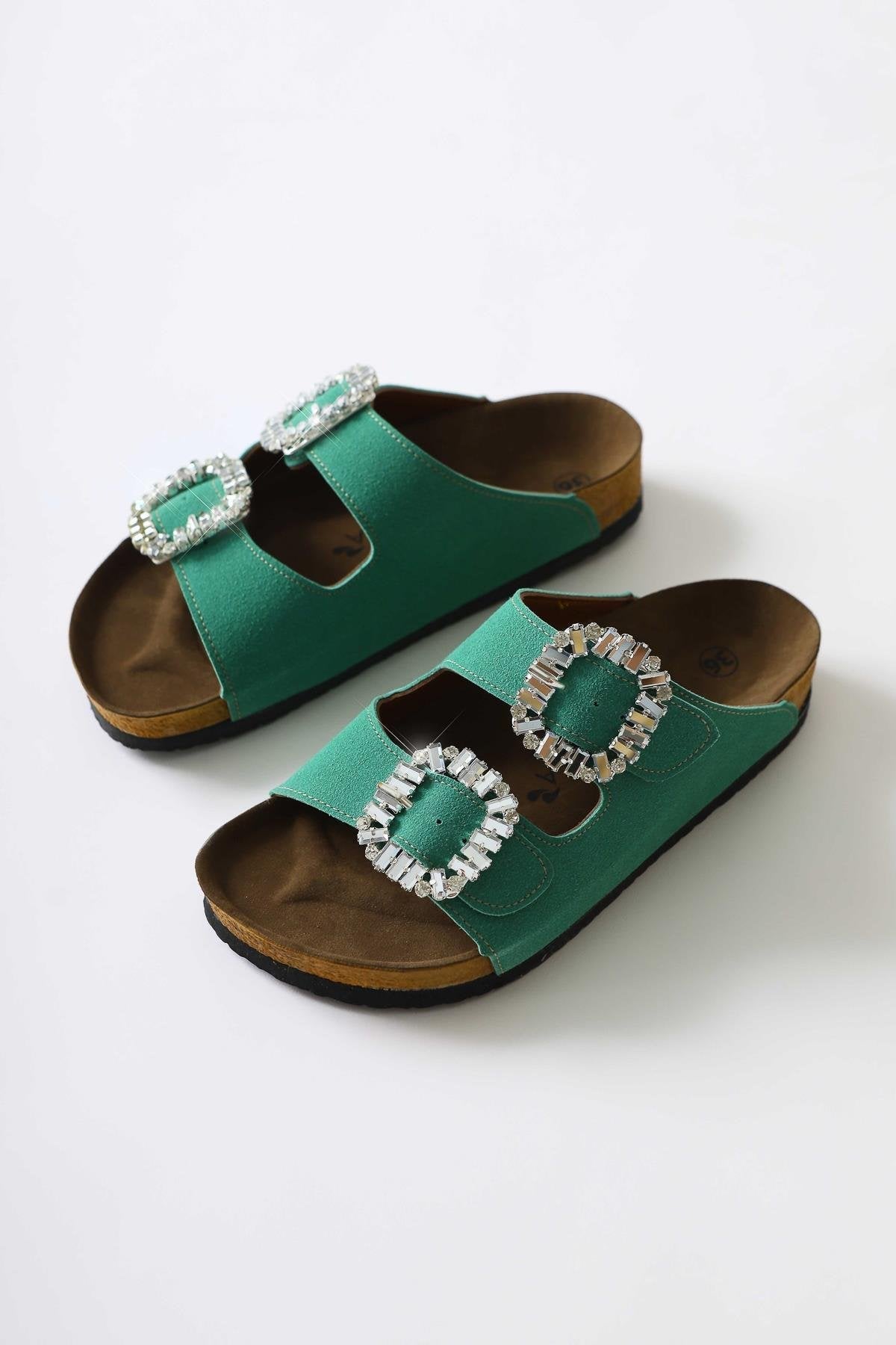 Brisa Green Suede Slippers with Stone Buckle and Double Strap Details