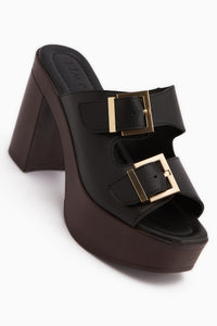Leida Black Buckled Platform Heeled Women’s Slippers