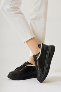 Simonne Black Diamond Stone Detailed Lace-Up Sneakers