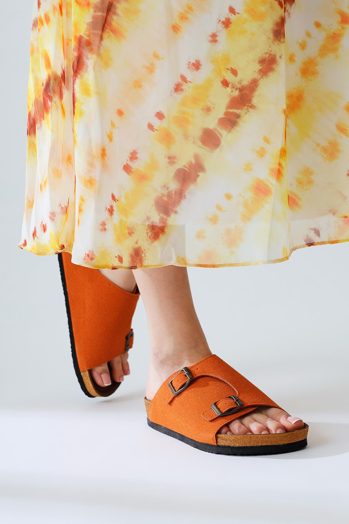 Christella Orange Suede Slippers with Double Buckle Details