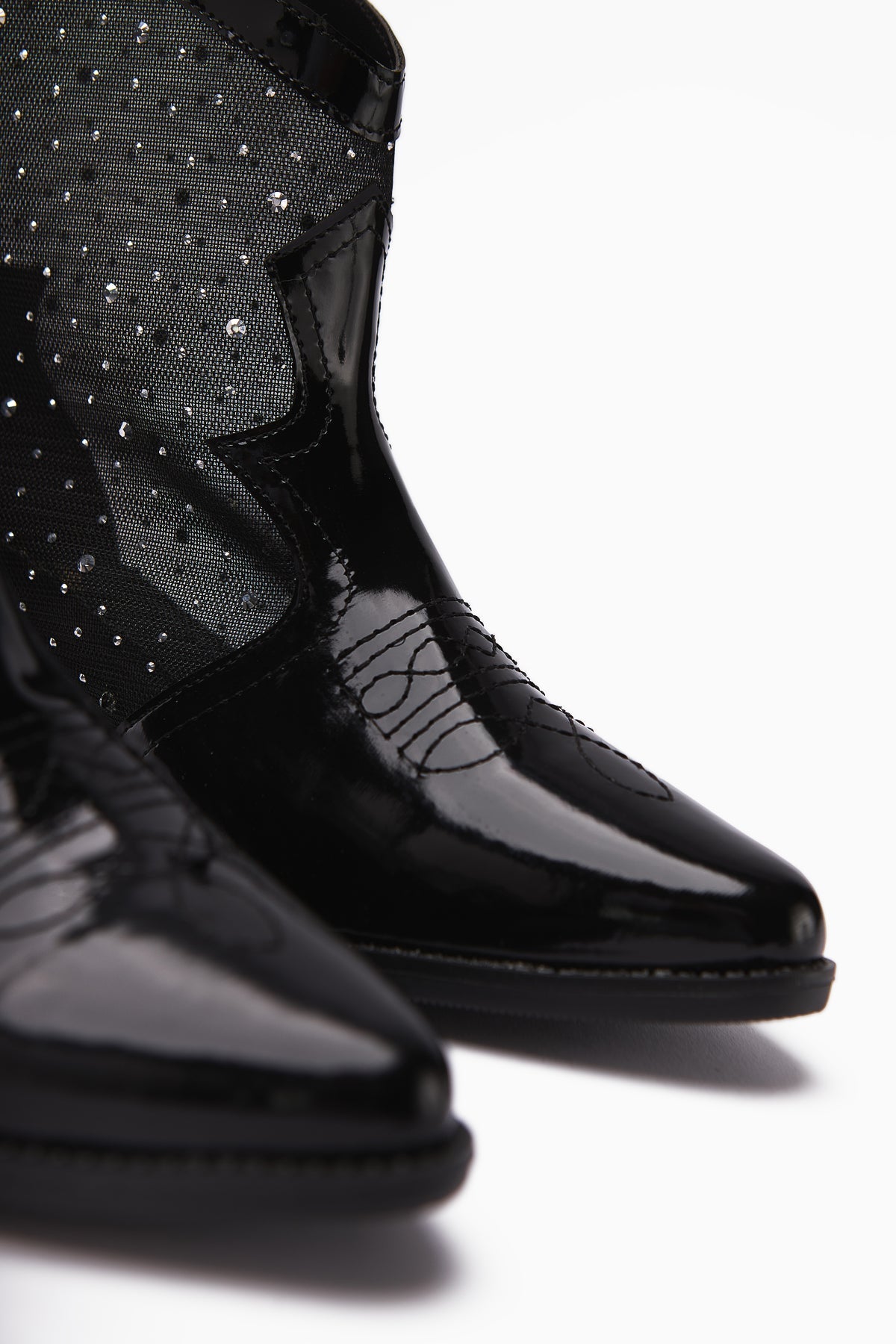 Rudi – Black Embroidered Western Stone-Embellished Summer Patent Vegan Material Boot (Women)