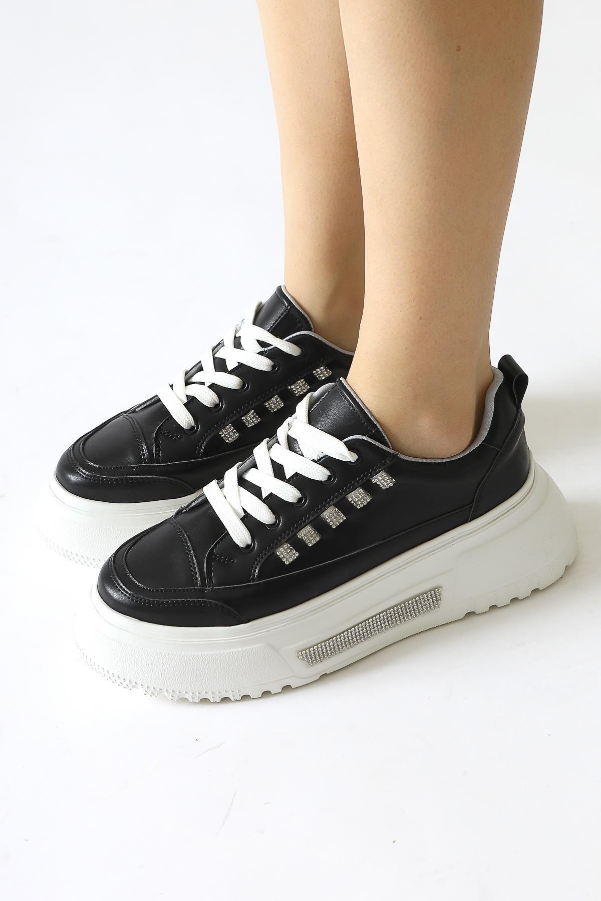 Tram Black Thick Sole Sneakers with Stone Detail and Laces