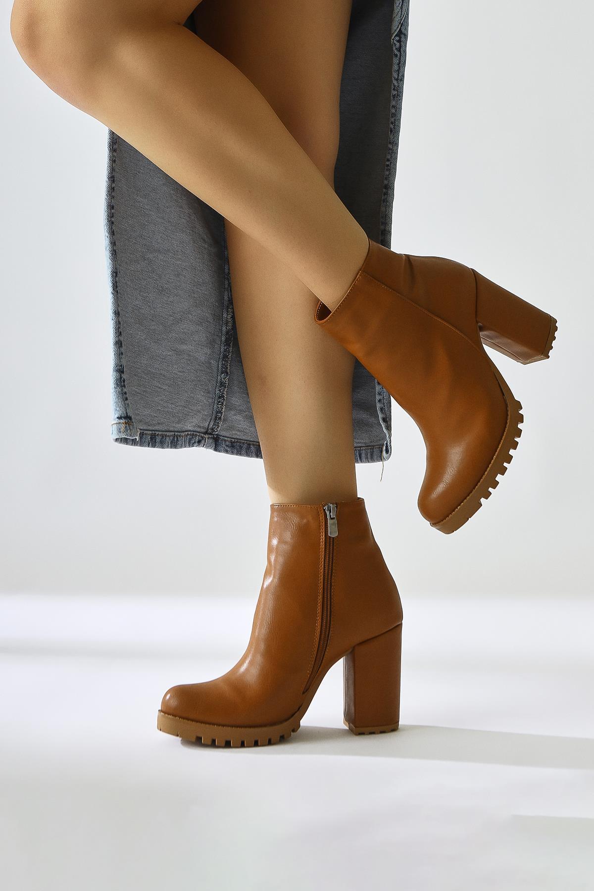 Bahiya – Cognac Oval-Toe Zippered Heeled Boot (Women)