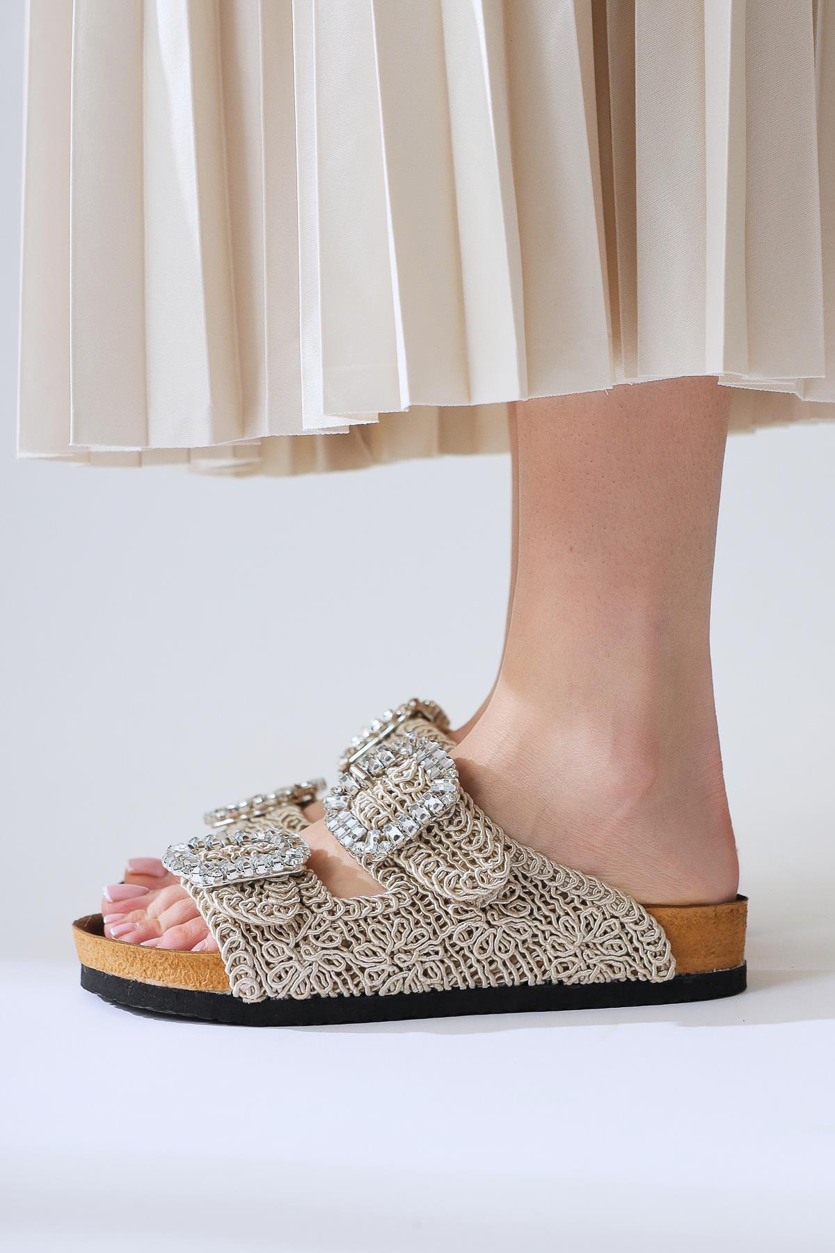 Ellina Cream Double-Strap Slide with Jewel Buckle Detail