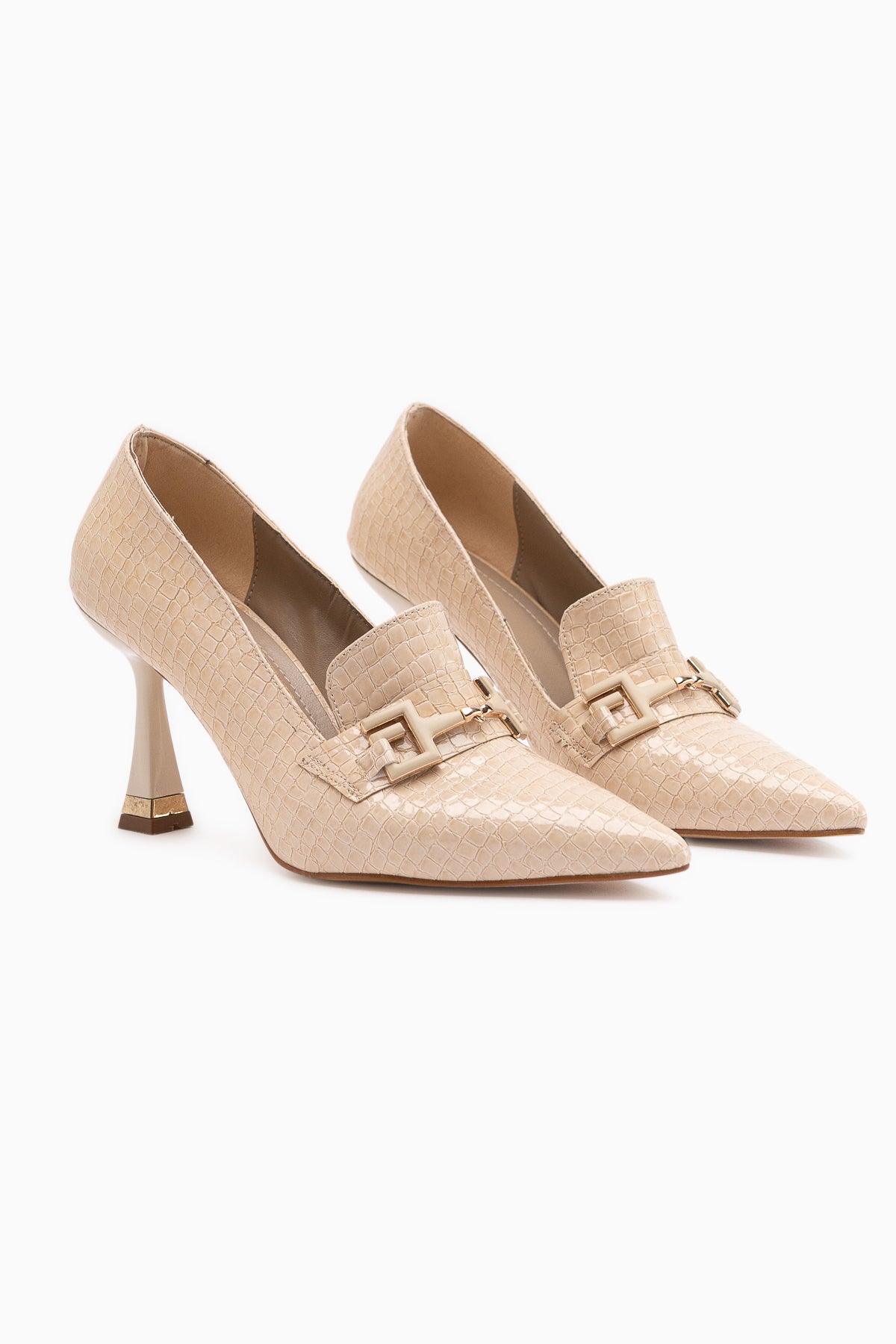 Stiliani Beige Crocodile Print Leather Buckle Detailed Women’s Heeled Shoes
