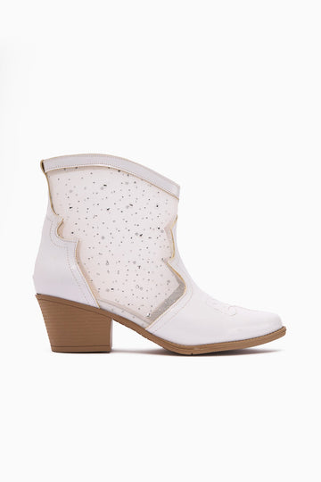 Rudi – White Patent Embroidered Western Jeweled Summer Ankle Boot (Women)