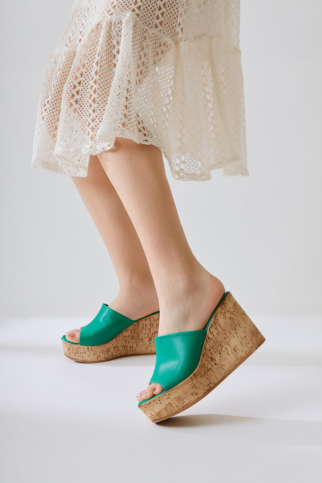 Riya Green Thick Cork-Sole Slides