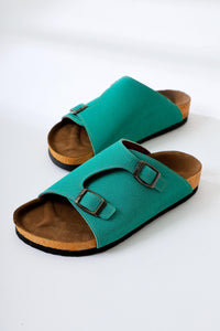 Christella Green Suede Slide with Double Buckle Detail