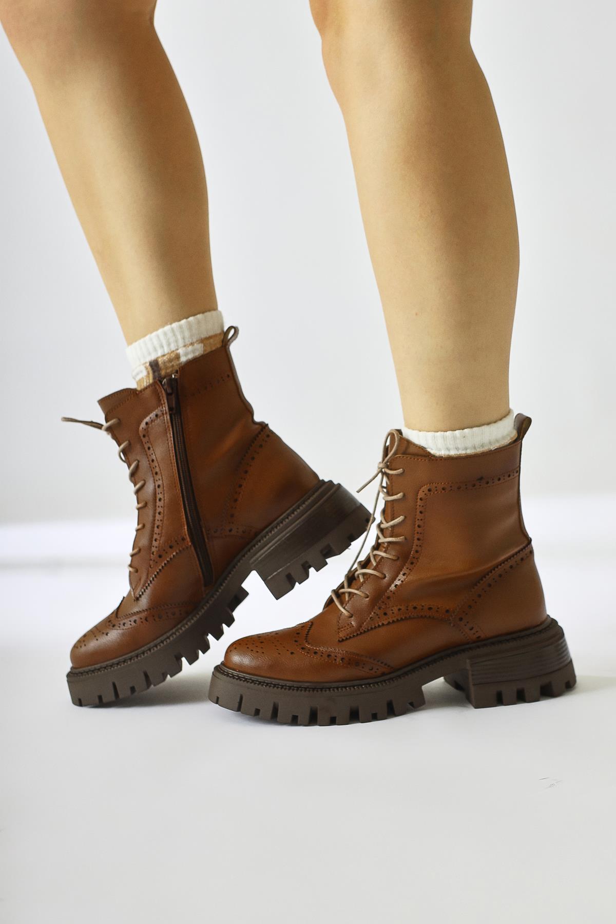 Morgan – Cognac Laser-Cut Detail Lace-Up Combat Boot (Women)
