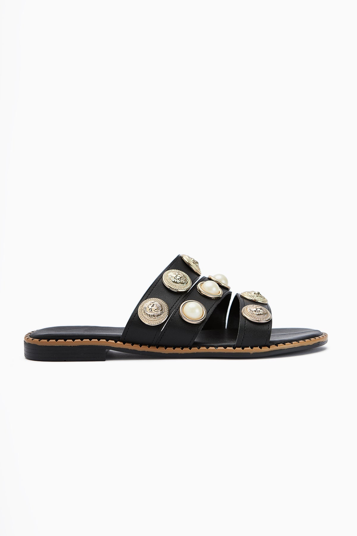 Renaz Black Pearl-Embellished Flat Women's Slippers