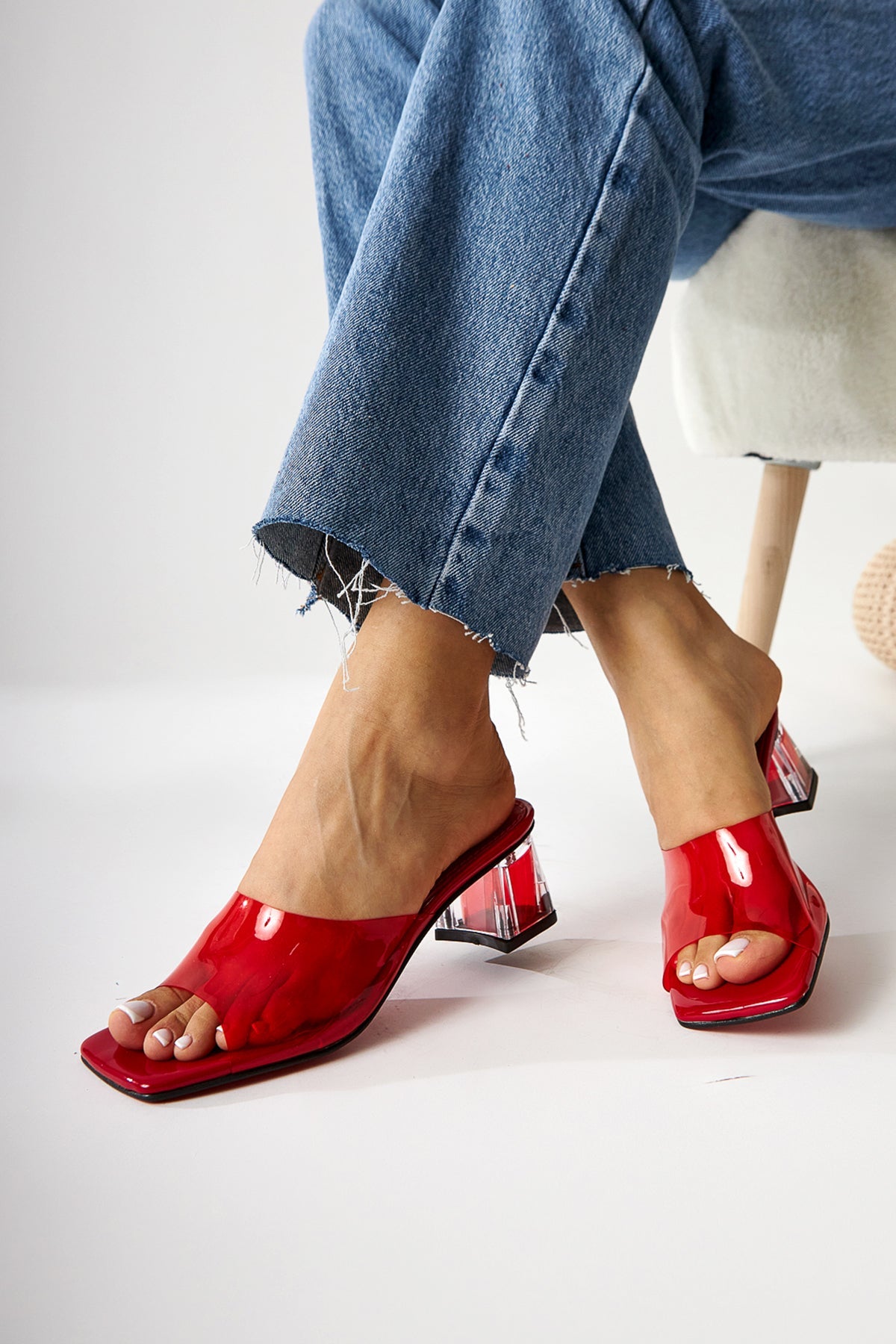 Persa - Red Transparent-Strap Transparent-Heeled Slide (Women)