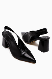 Essie Black Pointed Toe Elastic Stitch Detail Chunky Heels