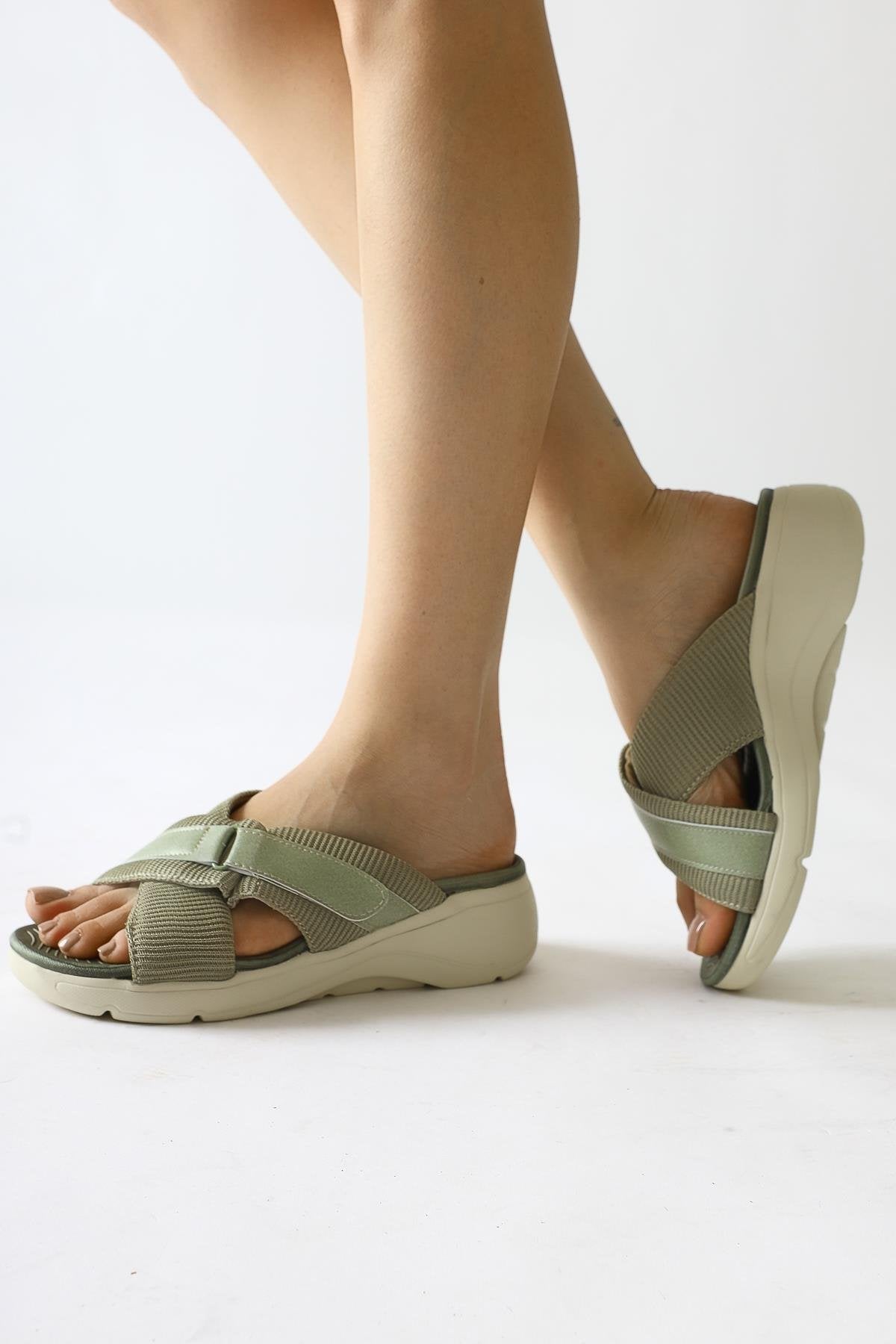 Jola Green Cross Textile Strap Comfort Sole Slippers