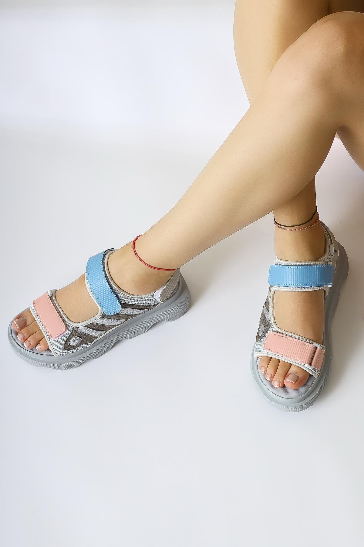 Quan Ice Blue Sandal with Sequin Details and Comfortable Velcro Sole