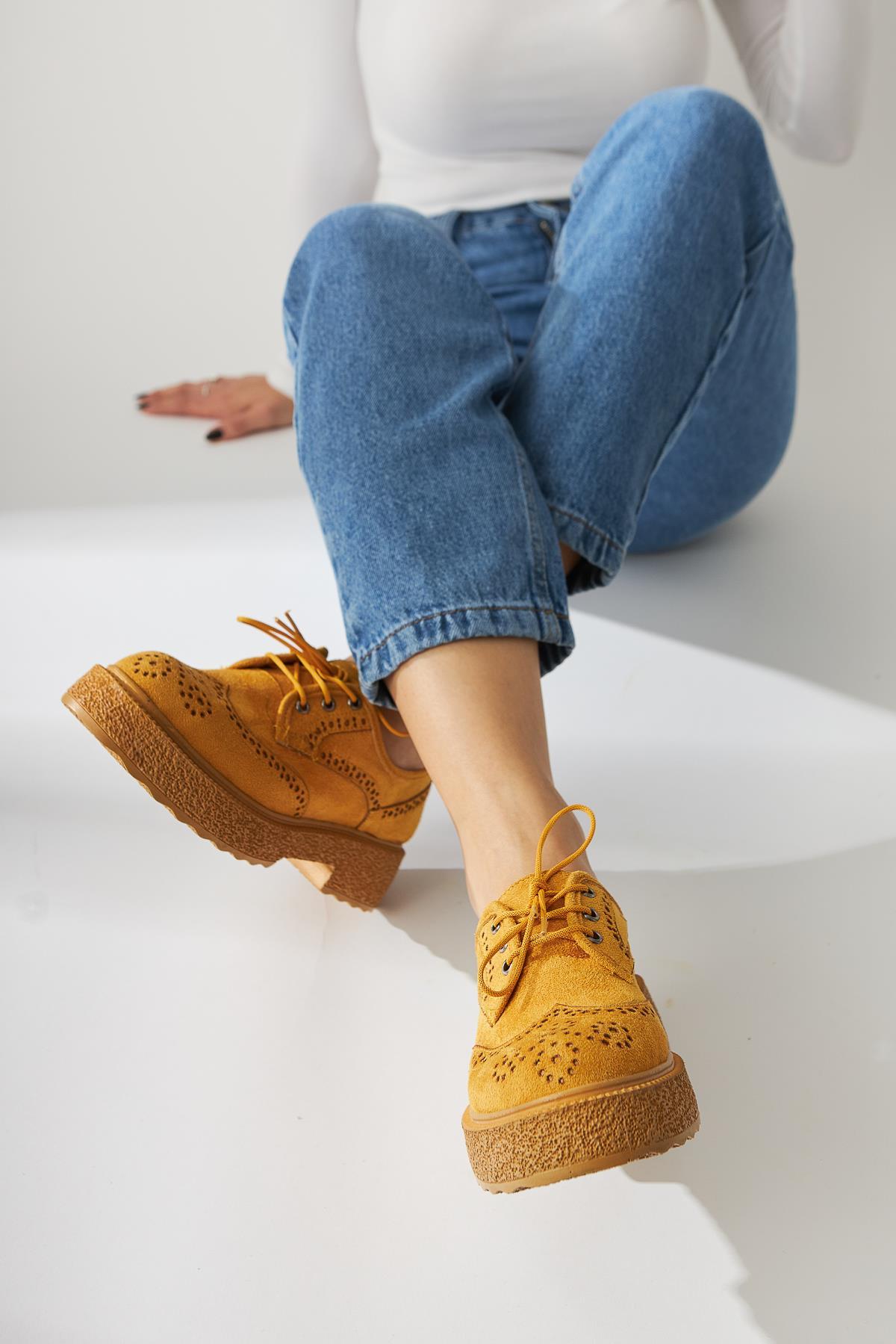 Rossy – Mustard Suede Round-Toe Laser-Cut Casual Shoe (Women)