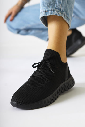 Astera – Black Lace-Up Woven Sneaker (Women)