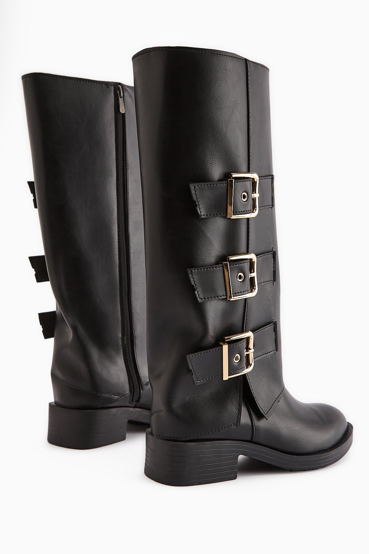 Adelina Black Leather Belted Women's Biker Boot