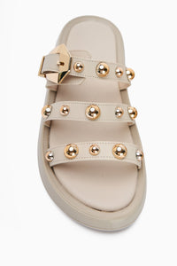 Wiola Nude Pearl Detail Buckled Comfort Women's Slipper