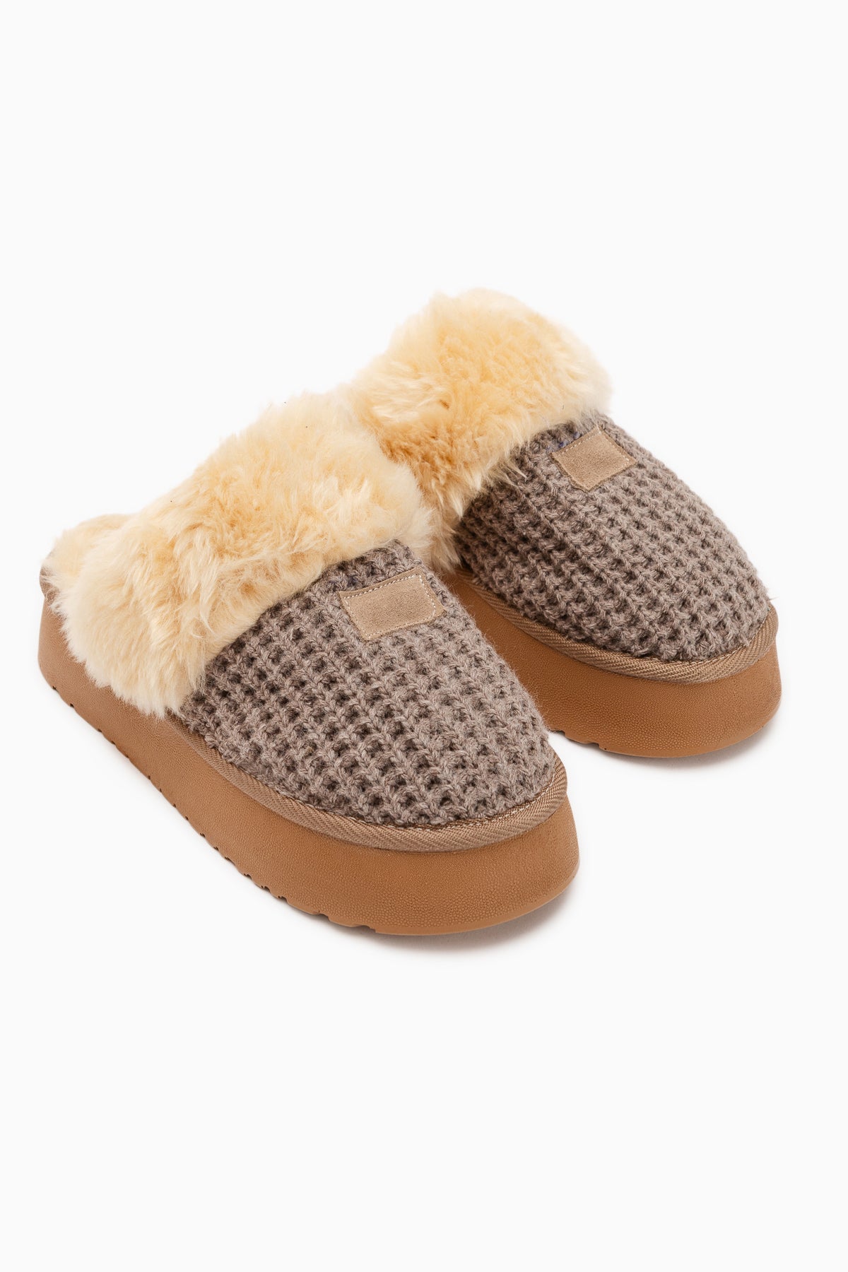 Mariza Beige Plush Knit Fur Lined Women’s Slippers