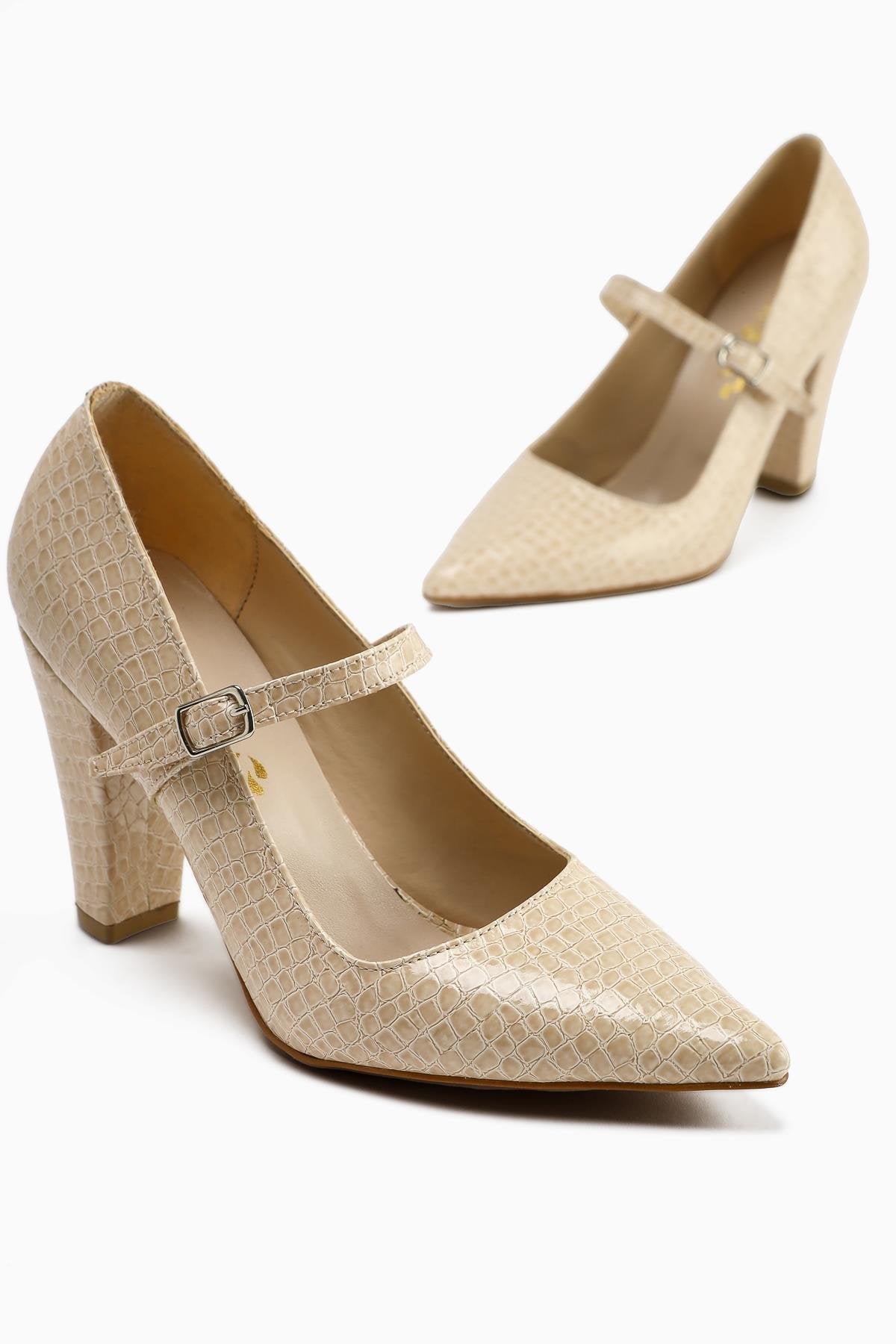 Beate Beige Crocodile Leather Print Pointed Toe Heeled Women’s Shoes