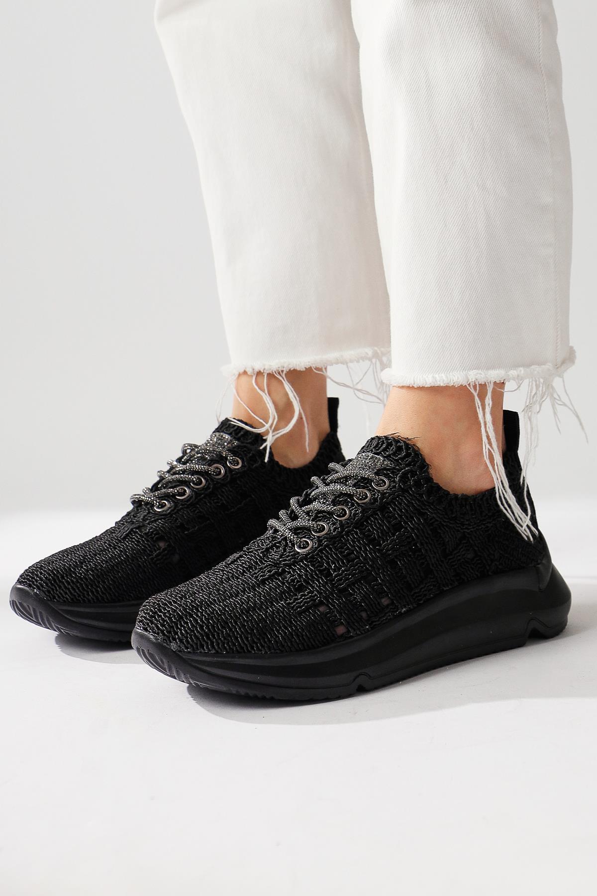 Melisia Black Stone-Detailed Knit Sneakers