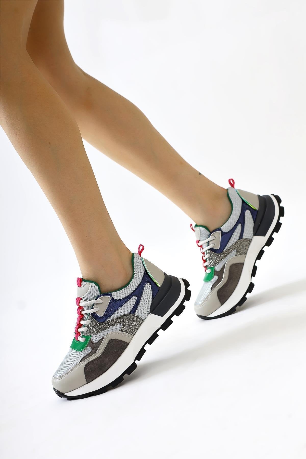 Netta Grey Lace-up Sneakers with Mesh Detail