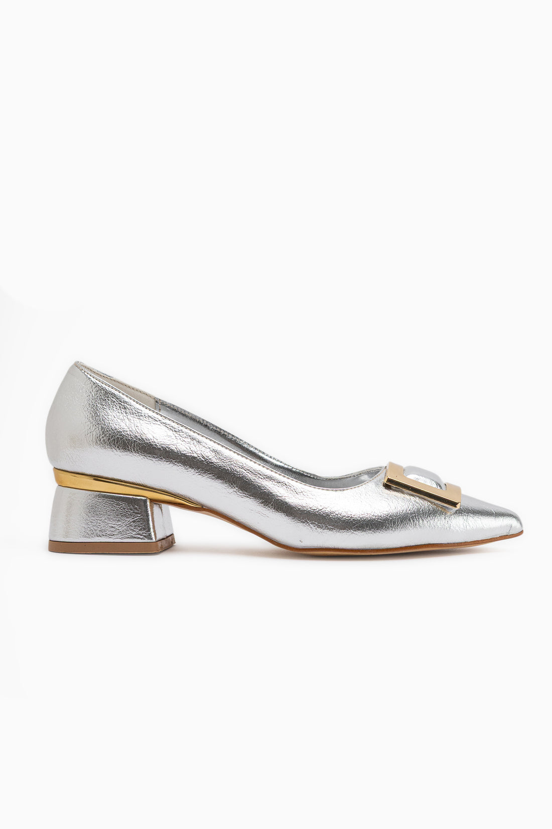 Charoline Silver Buckle Short Heeled Pointed Toe Shoes