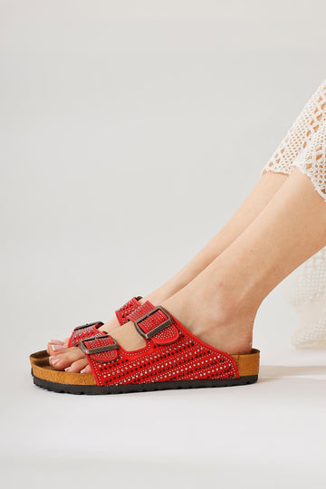 Aire Red Double-Strap Slides with Stone Detail