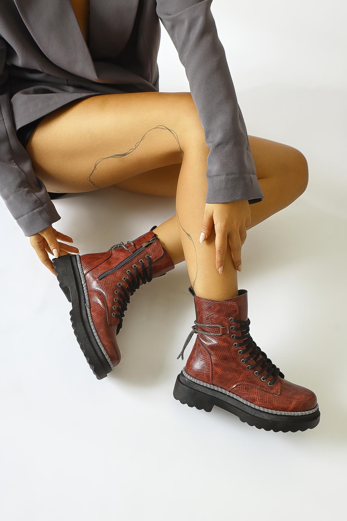 Dylan – Burgundy Shiny-Piped Ankle-Strap Combat Boot (Women)