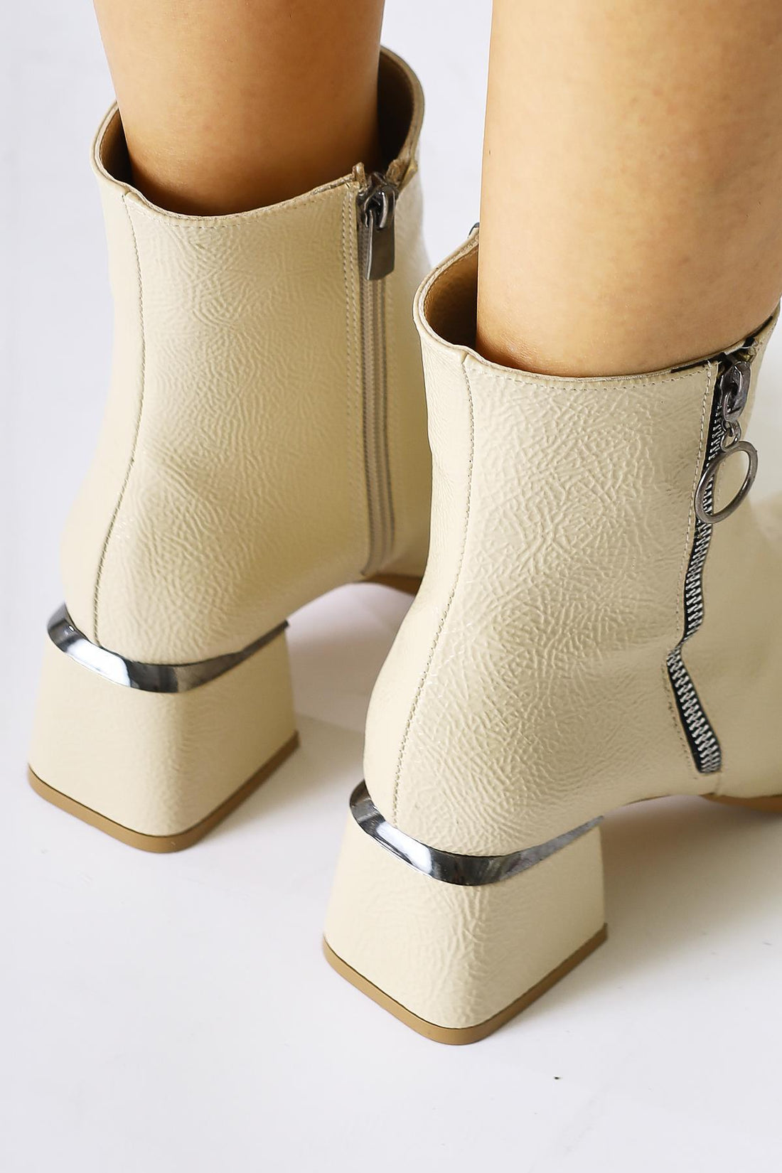 Deyana Beige Crinkled Patent Leather Boot with Zipper Detail