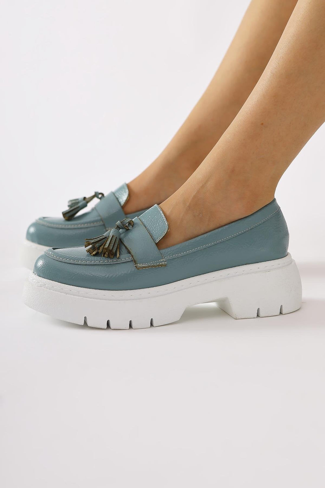 Linni Turquoise Crinkled Patent Leather Moccasins with Tassels