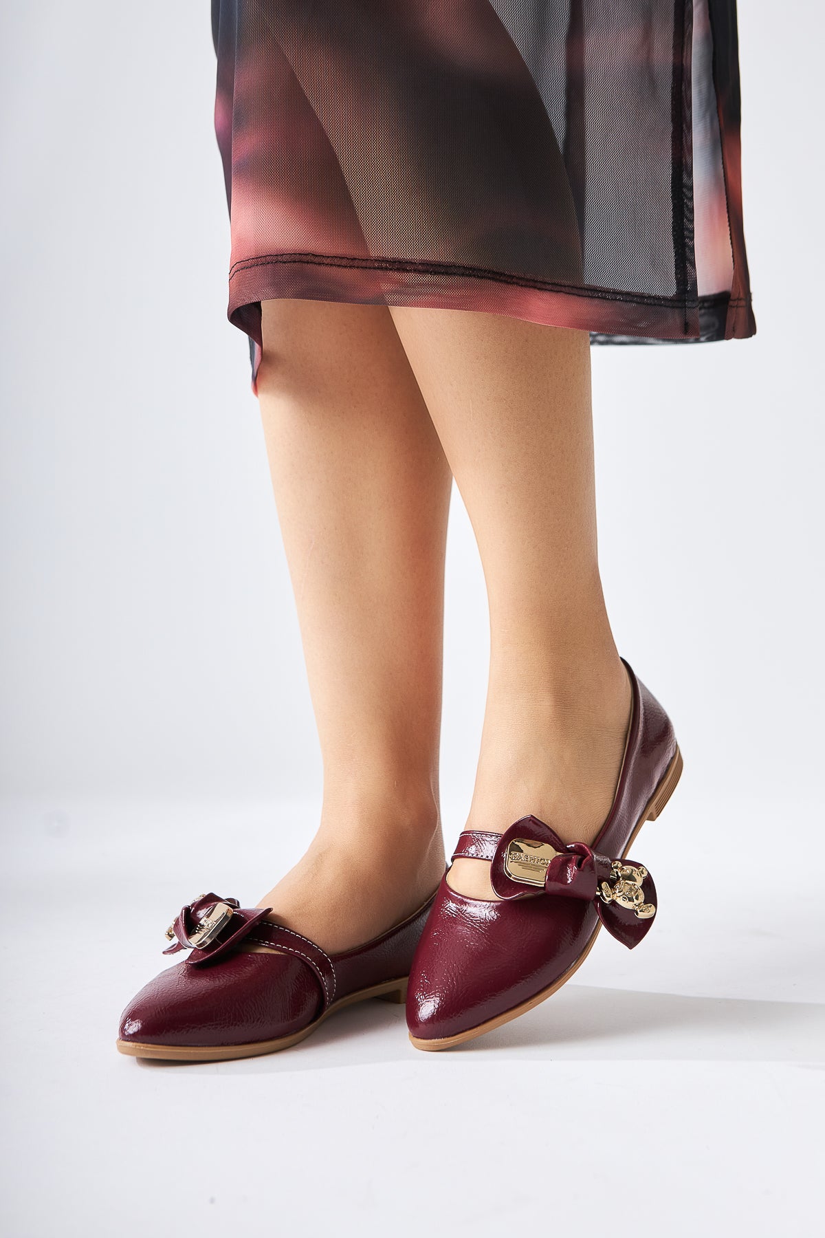 Joselin Burgundy Crinkled Patent Leather Flat with Bow Accessory
