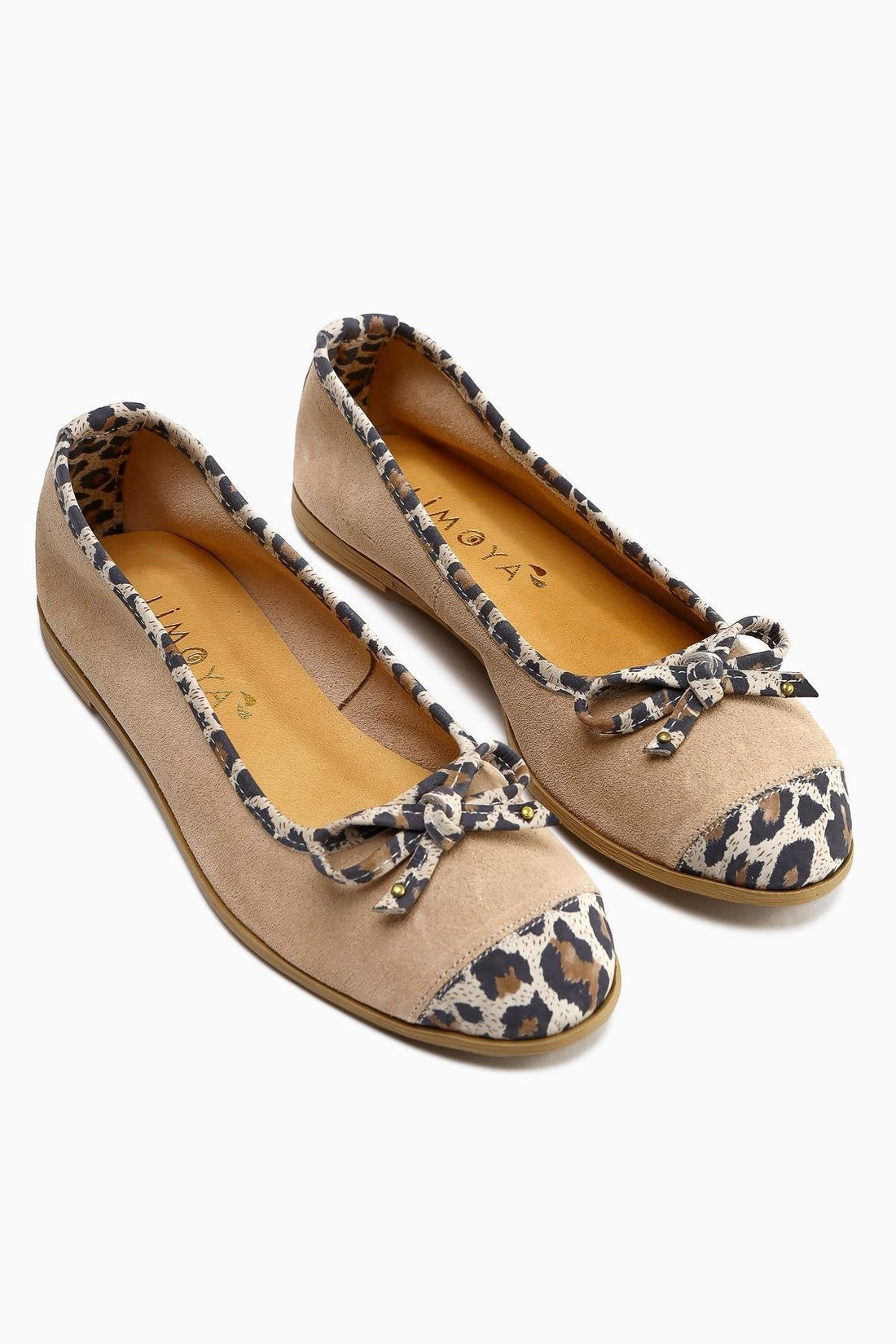 Alfreda Genuine Leather Beige Suede Leopard Detailed Bow Women's Ballet Flats