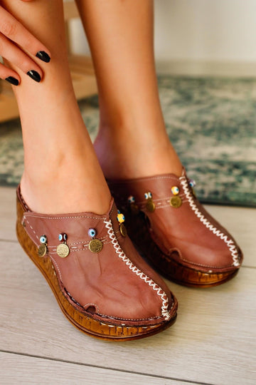 Annika – Genuine Leather Lilac Antique Detail Wedge Clog Slide