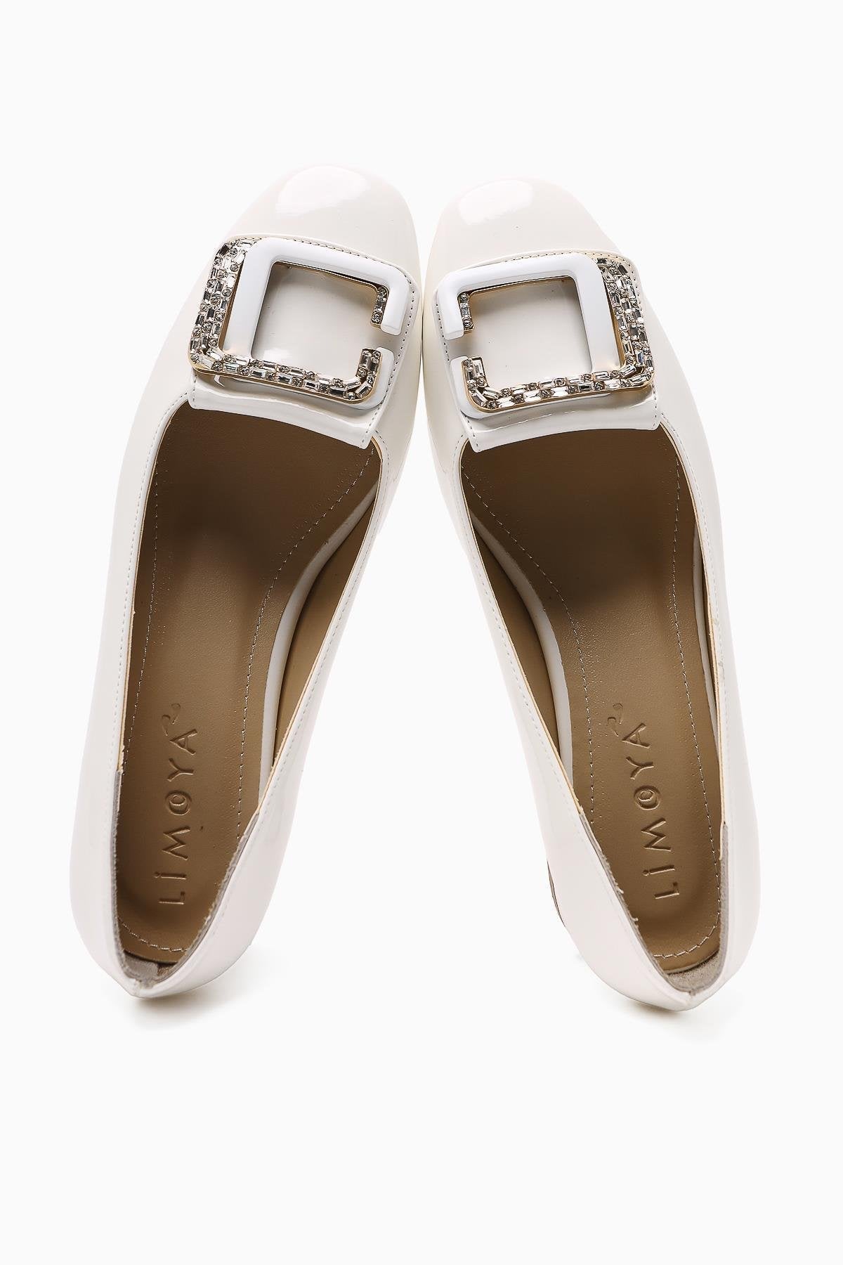 Roza – White Patent Stone-Embellished Low-Heel Shoe (Women)