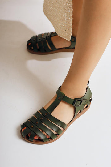 Tori Genuine Leather Khaki Four-Strap Adjustable Flat Sandals
