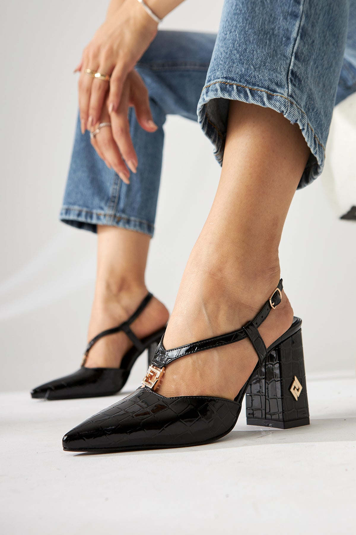 Celina Black Crocodile Patterned Pointed Toe Women’s Heeled Shoes