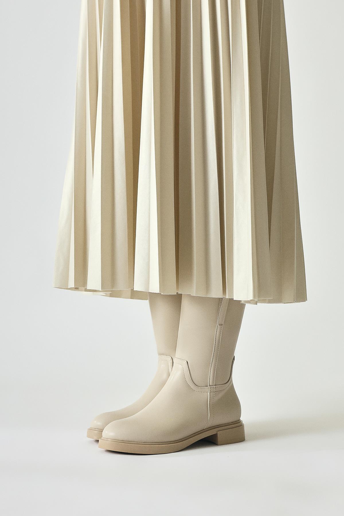 Caterine Beige Short Heeled Boot with Buckle Detail