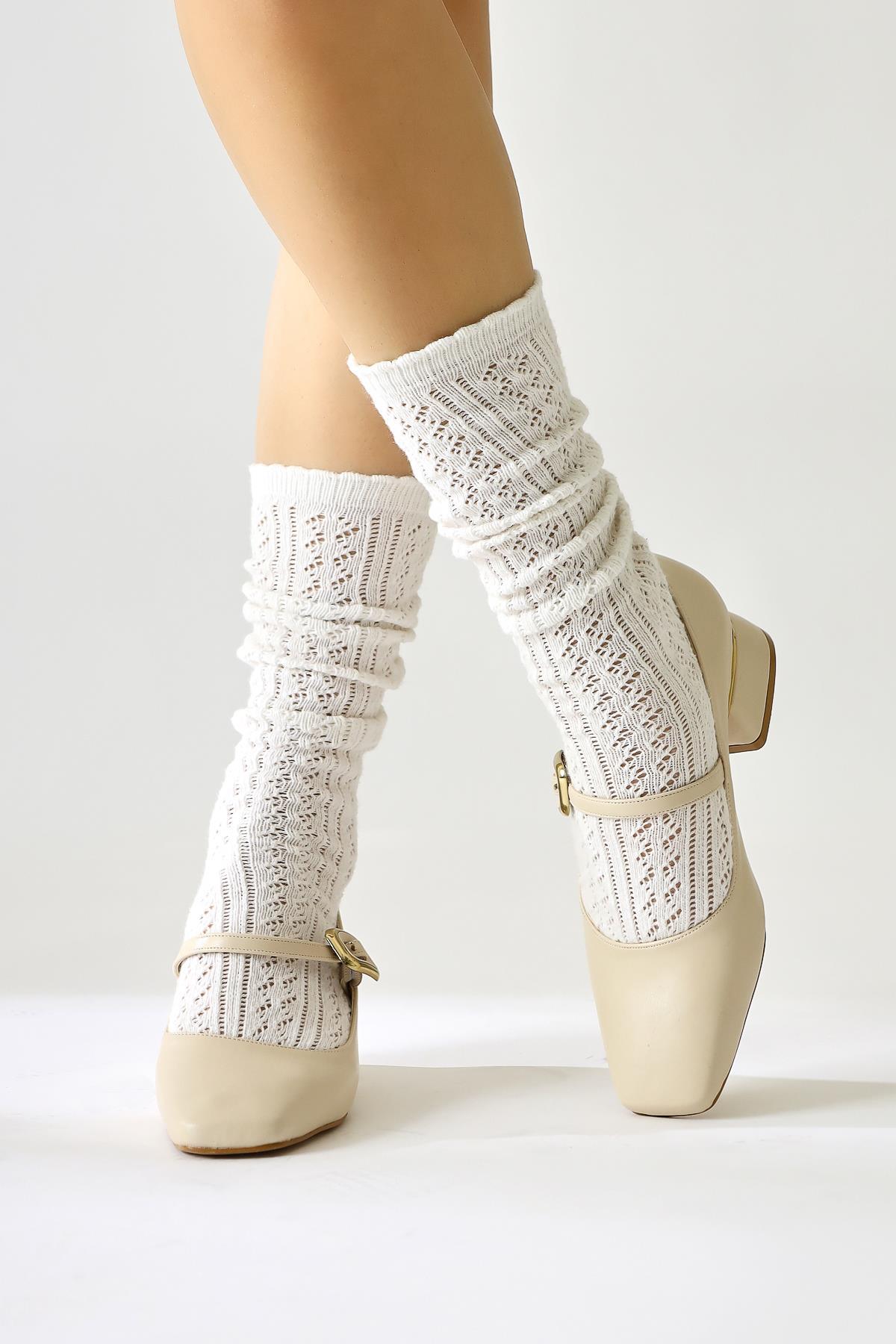 Abby Beige Square-Toe Buckle-Detailed Casual Shoes