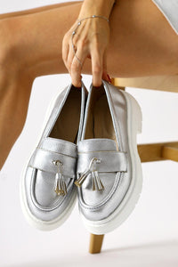 Linni Silver Crinkled Patent Leather Moccasins with Tassels