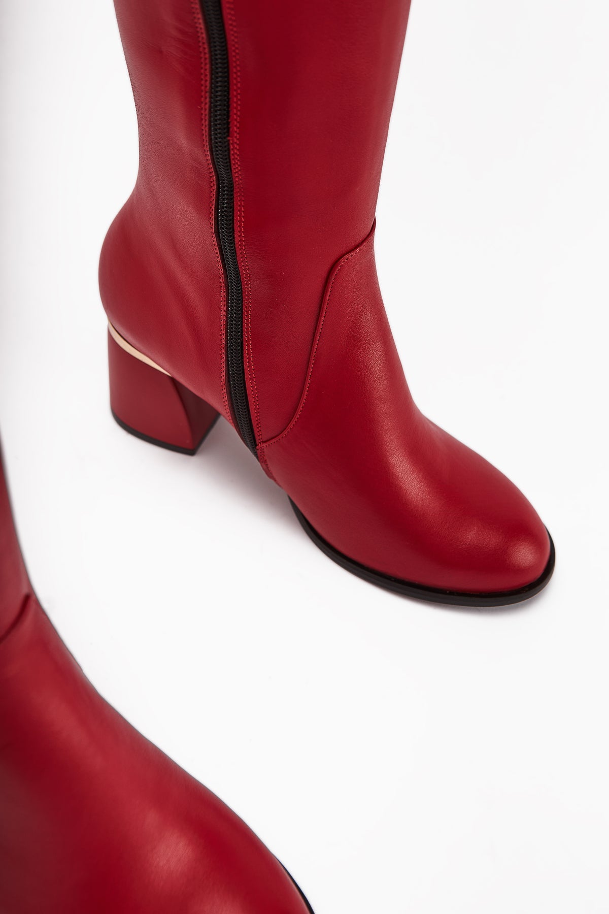 Kaylin – Genuine Leather Red Snake-Print Detail Heeled Knee-High Boot (Women)