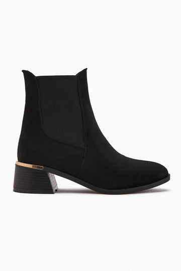 Verna – Black Suede Elastic-Panel Heeled Boot (Women)