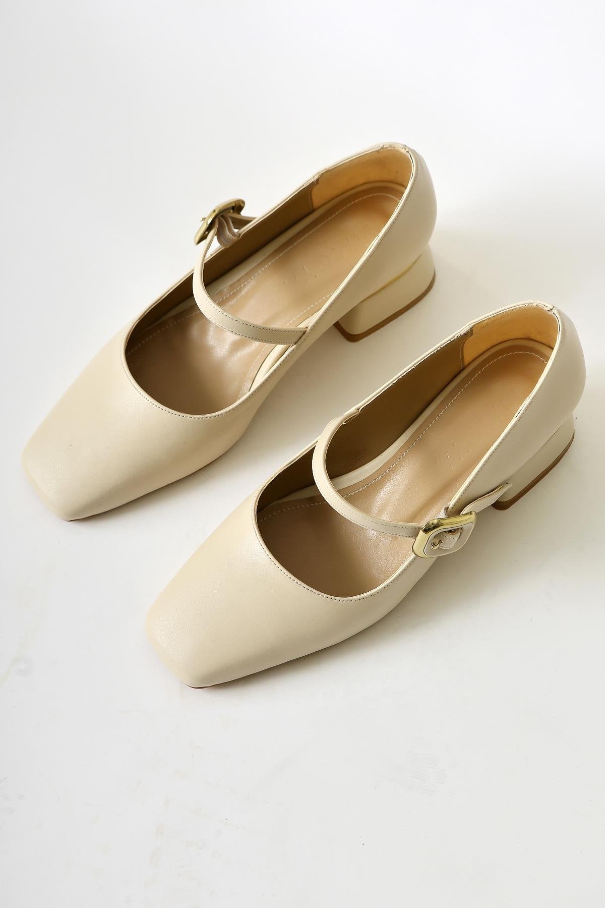 Abby Beige Square-Toe Buckle-Detailed Casual Shoes