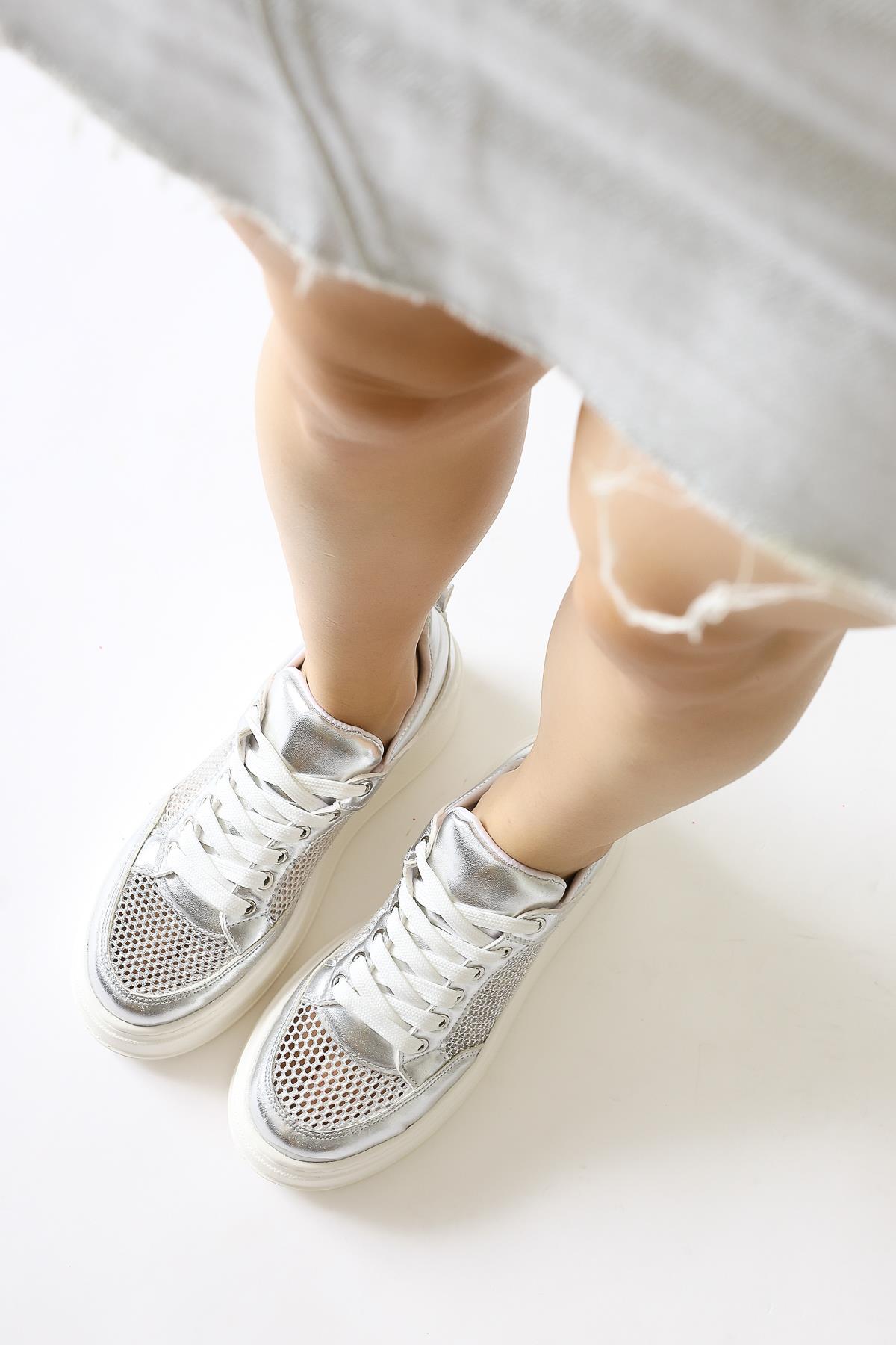 Emilina Silver Mesh Lace-Up Sneakers