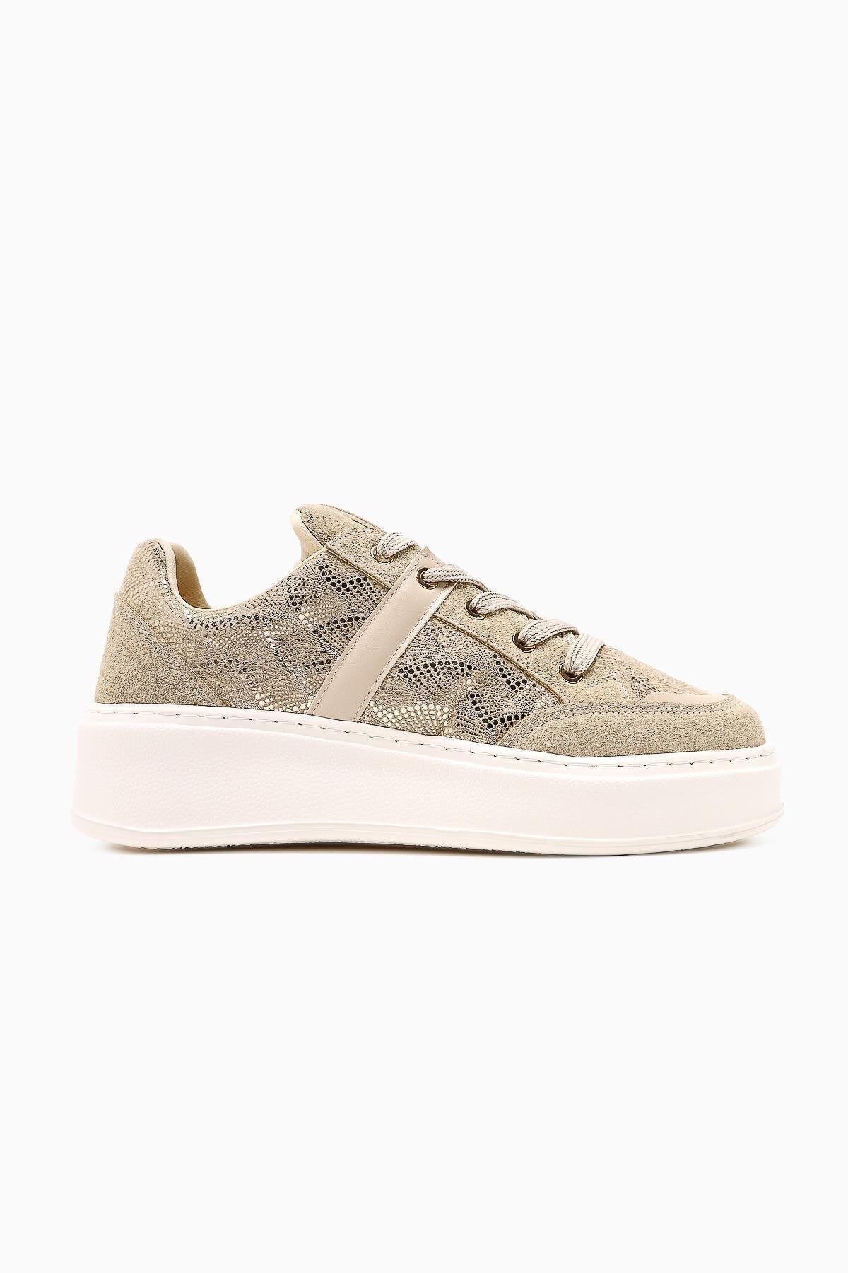 Julissa – Beige Suede Vegan Material Shiny-Patterned Thick Sole Sneaker (Women)