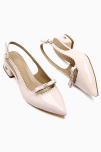 Sevy Beige Patent Buckle Detailed Women’s Heeled Shoes